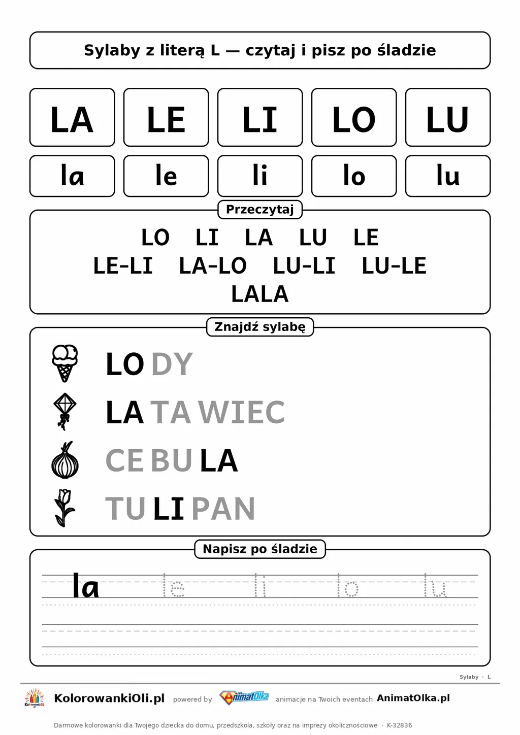 Sylaby z literą L (LA, LE, LI, LO, LU) — karta do nauki czytania sylabami z obrazkami i sylabami po śladzie, do druku