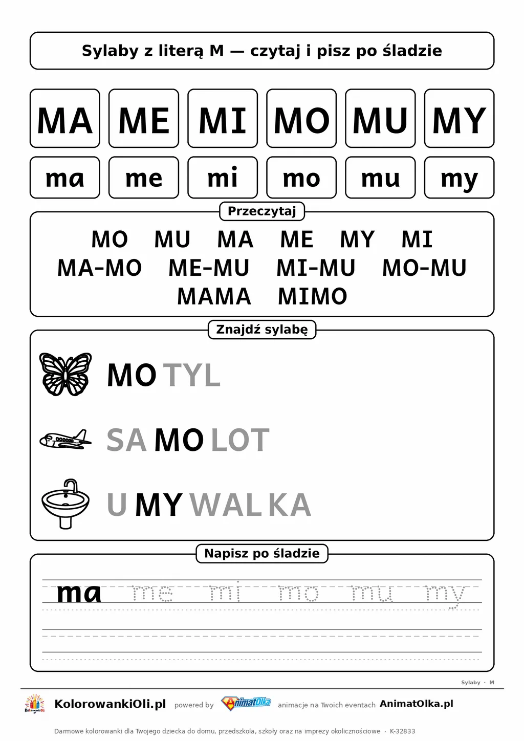 Sylaby z literą M (MA, ME, MI, MO, MU, MY) — karta do nauki czytania sylabami z obrazkami i sylabami po śladzie, do druku