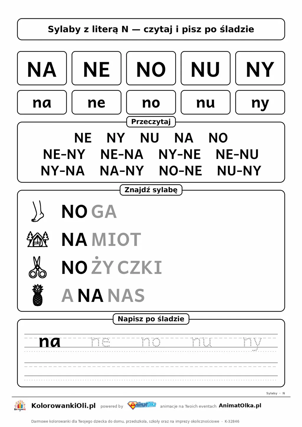 Sylaby z literą N (NA, NE, NO, NU, NY) — karta do nauki czytania sylabami z obrazkami i sylabami po śladzie, do druku