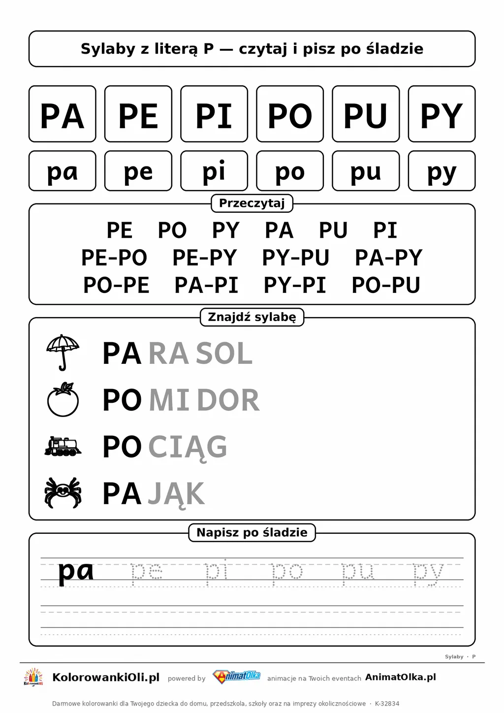 Sylaby z literą P (PA, PE, PI, PO, PU, PY) — karta do nauki czytania sylabami z obrazkami i sylabami po śladzie, do druku