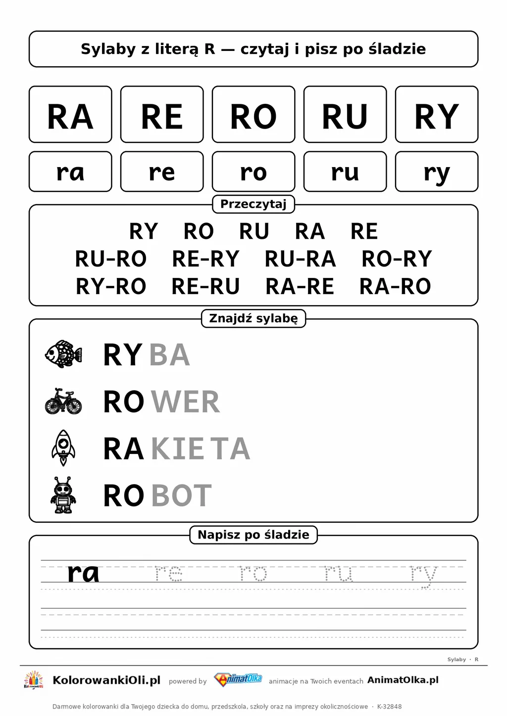 Sylaby z literą R (RA, RE, RO, RU, RY) — karta do nauki czytania sylabami z obrazkami i sylabami po śladzie, do druku