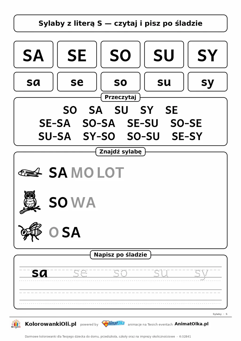 Sylaby z literą S (SA, SE, SO, SU, SY) — karta do nauki czytania sylabami z obrazkami i sylabami po śladzie, do druku