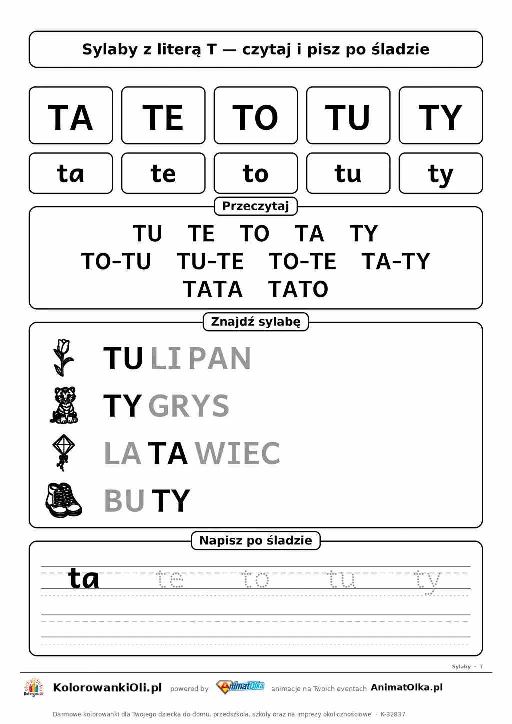 Sylaby z literą T (TA, TE, TO, TU, TY) — karta do nauki czytania sylabami z obrazkami i sylabami po śladzie, do druku