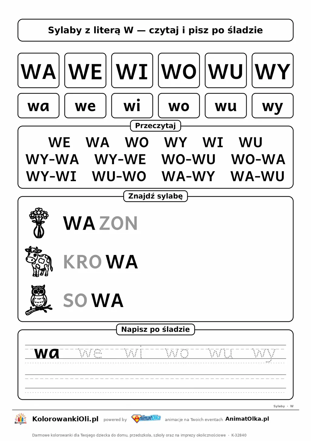 Sylaby z literą W (WA, WE, WI, WO, WU, WY) — karta do nauki czytania sylabami z obrazkami i sylabami po śladzie, do druku
