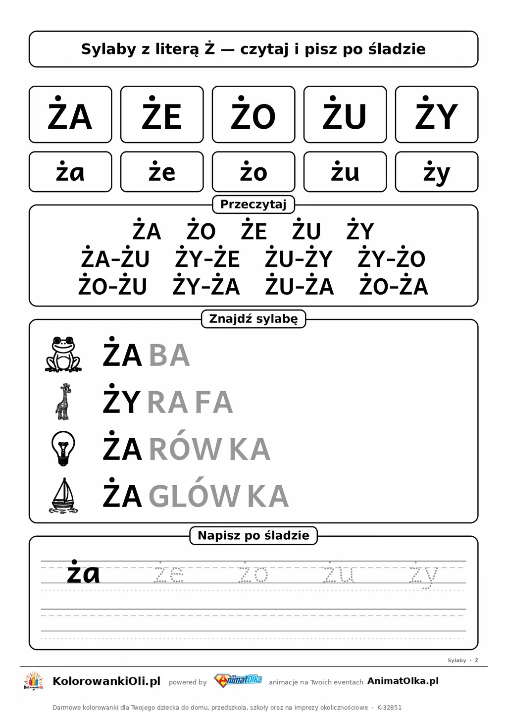 Sylaby z literą Ż (ŻA, ŻE, ŻO, ŻU, ŻY) — karta do nauki czytania sylabami z obrazkami i sylabami po śladzie, do druku