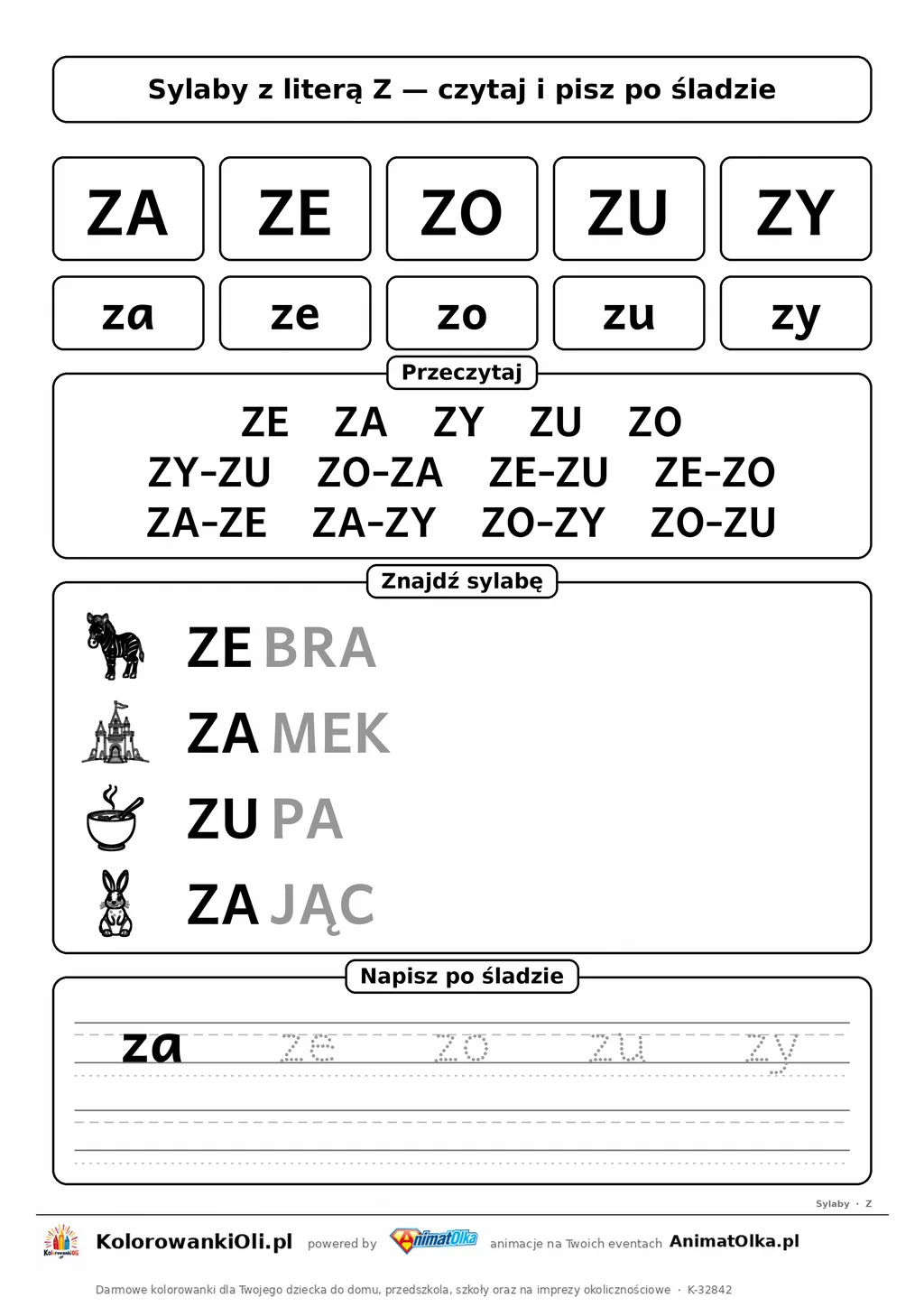 Sylaby z literą Z (ZA, ZE, ZO, ZU, ZY) — karta do nauki czytania sylabami z obrazkami i sylabami po śladzie, do druku