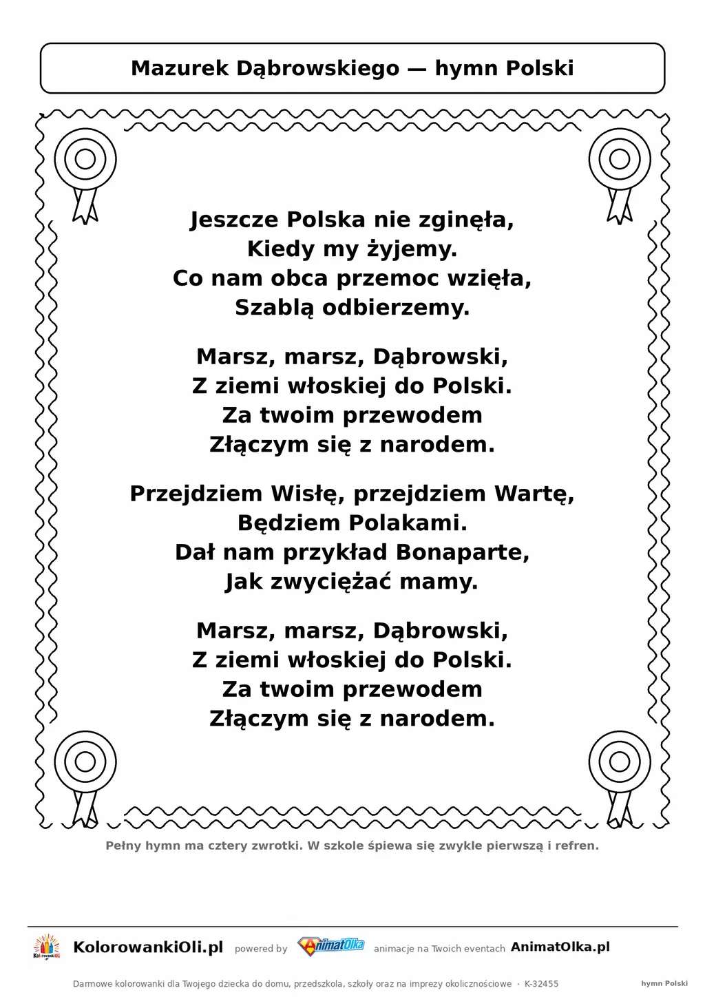 Hymn Polski — tekst dwóch zwrotek z refrenem do druku dla dzieci, ramka do pokolorowania