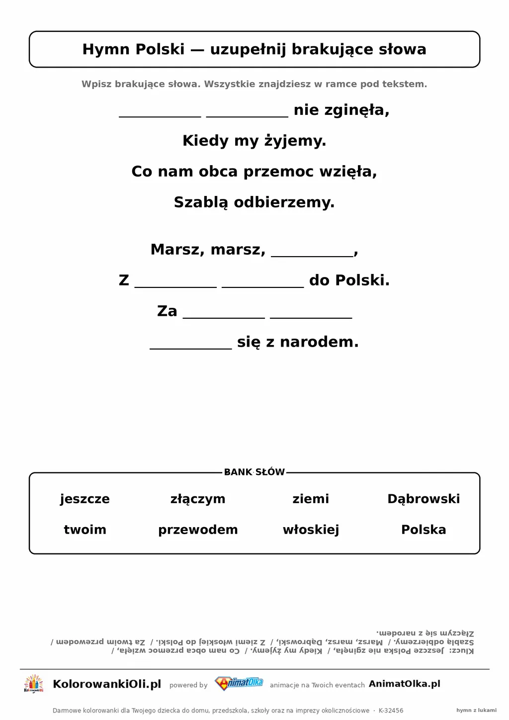 Hymn Polski z lukami — wpisz brakujące słowa pierwszej zwrotki i refrenu, karta pracy dla klas 2–3