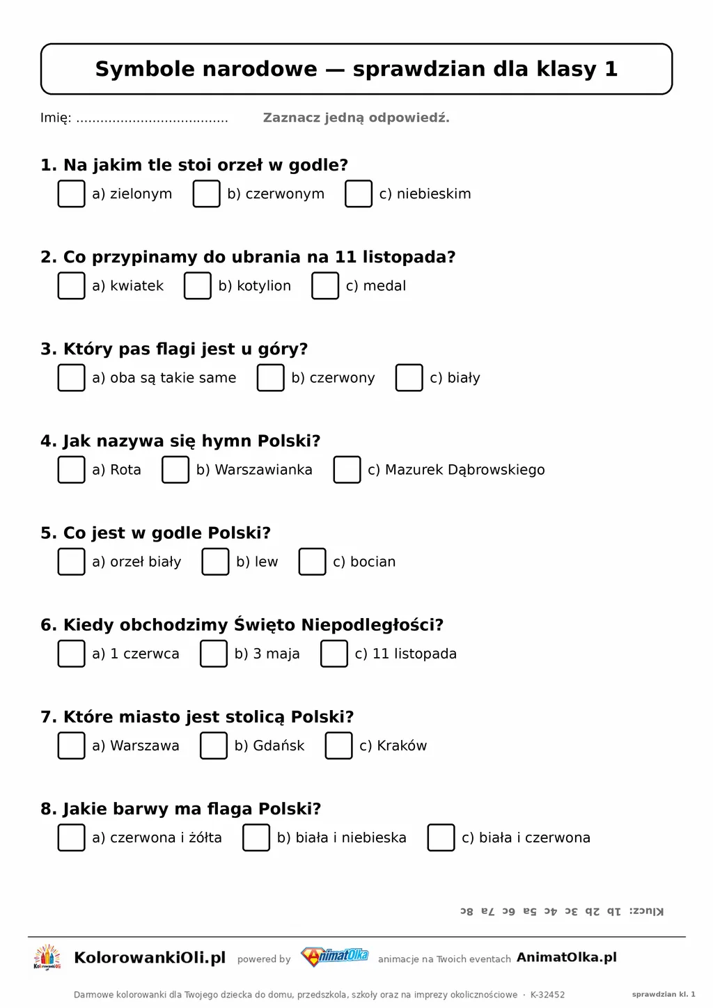 Sprawdzian z symboli narodowych dla klasy 1 — 8 pytań ABC z kluczem odpowiedzi