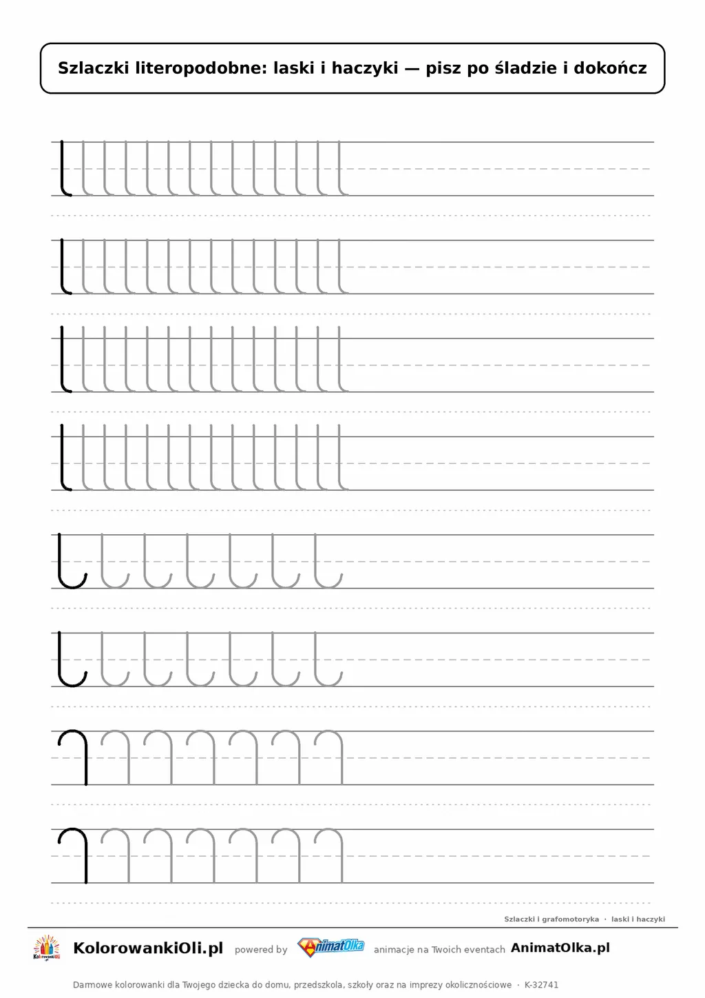 Szlaczki literopodobne laski i haczyki w liniaturze — karta pracy do druku dla klasy 1 i zerówki, po śladzie