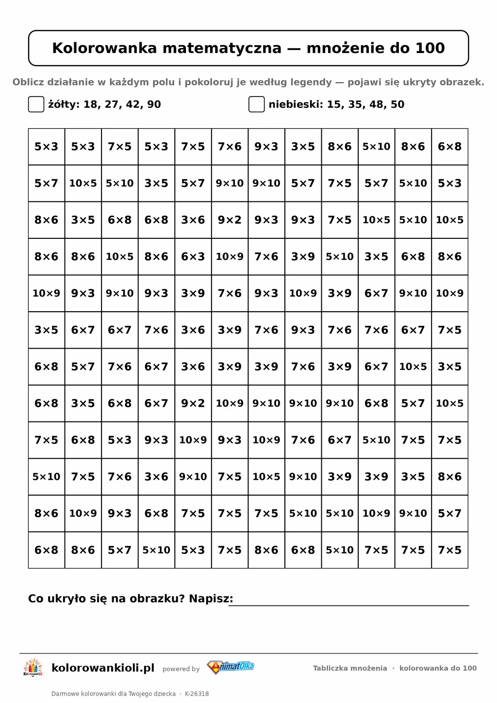 Kolorowanka matematyczna z tabliczką mnożenia do 100: siatka 12 × 12 działań i legenda kolorów, ukryty obrazek, do druku