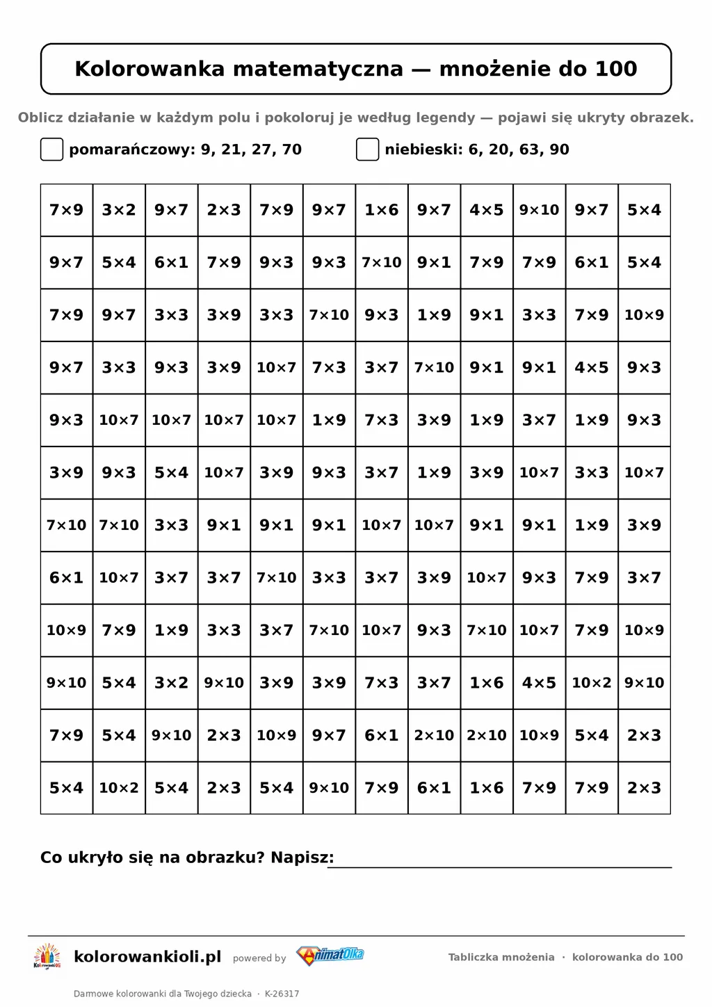 Kolorowanka matematyczna z tabliczką mnożenia do 100: siatka 12 × 12 działań i legenda kolorów, ukryty obrazek, do druku