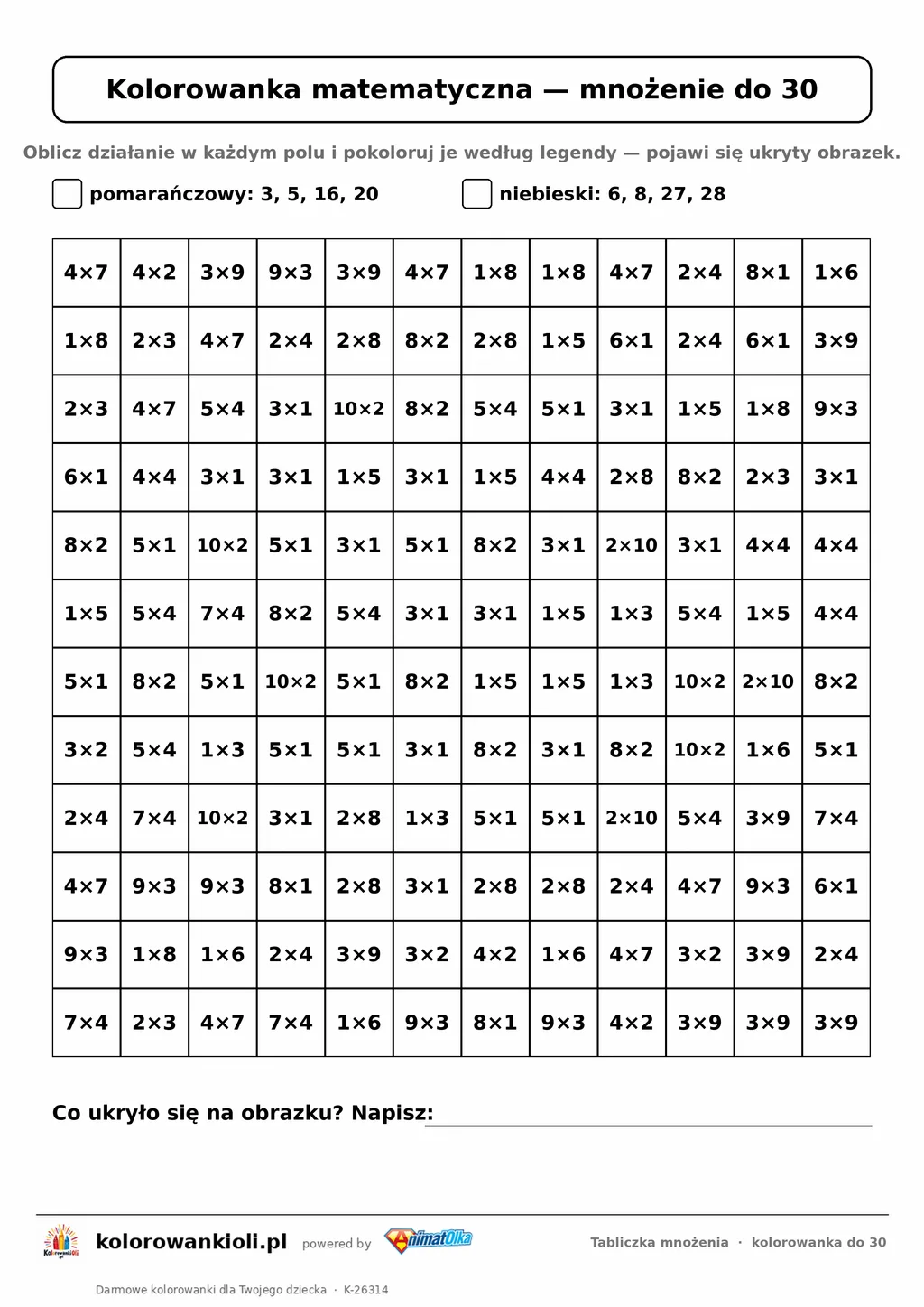 Kolorowanka matematyczna z tabliczką mnożenia do 30: siatka 12 × 12 działań i legenda kolorów, ukryty obrazek, do druku