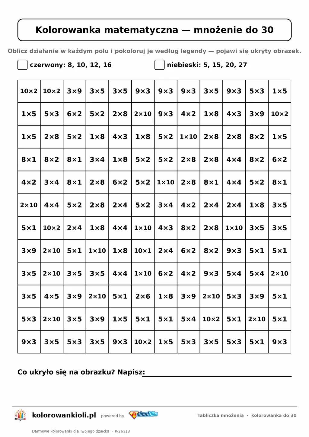 Kolorowanka matematyczna z tabliczką mnożenia do 30: siatka 12 × 12 działań i legenda kolorów, ukryty obrazek, do druku