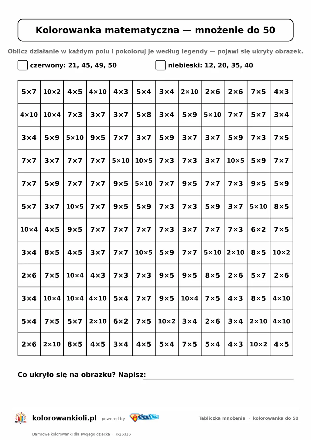 Kolorowanka matematyczna z tabliczką mnożenia do 50: siatka 12 × 12 działań i legenda kolorów, ukryty obrazek, do druku