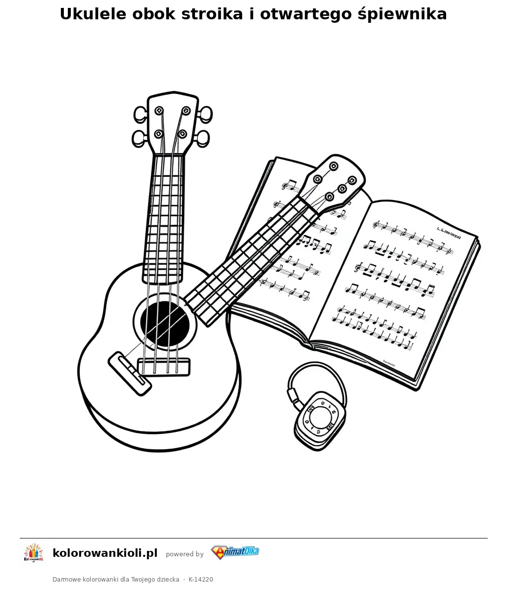 Ukulele obok stroika i otwartego śpiewnika — kolorowanka do wydruku dla dzieci