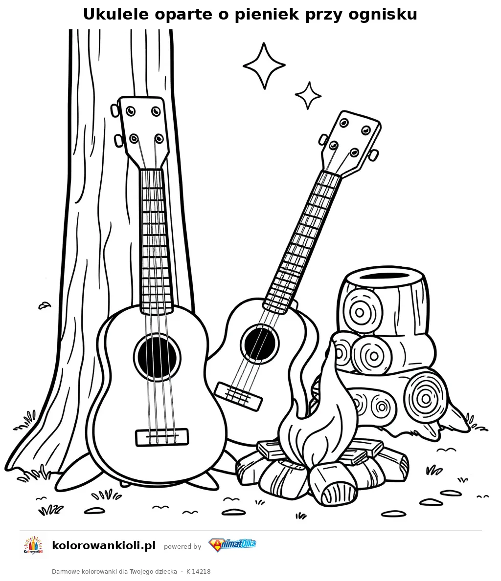 Ukulele oparte o pieniek przy ognisku — kolorowanka do wydruku dla dzieci