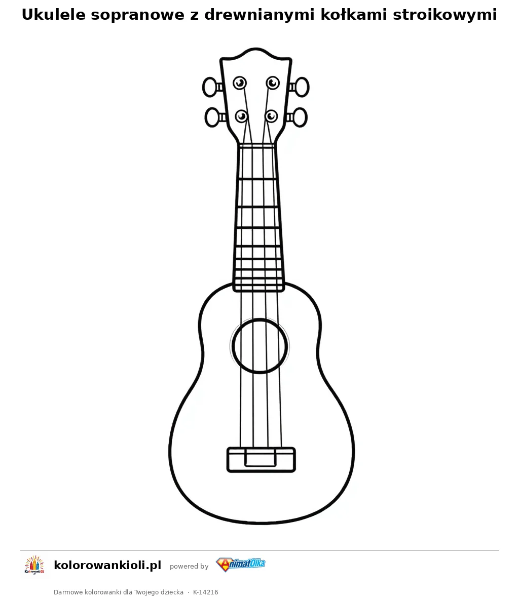 Ukulele sopranowe z drewnianymi kołkami stroikowymi — kolorowanka do wydruku dla dzieci
