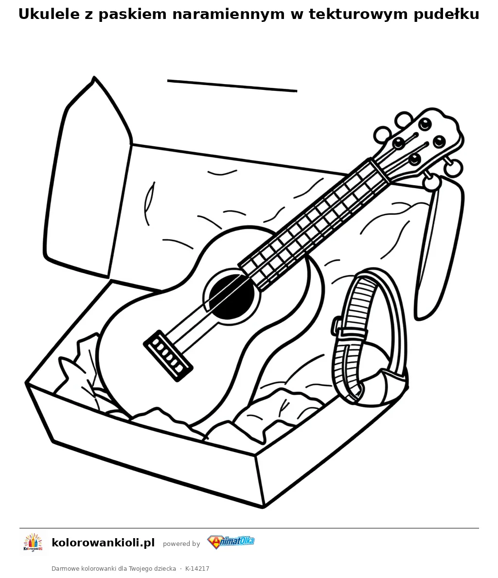 Ukulele z paskiem naramiennym w tekturowym pudełku — kolorowanka do wydruku dla dzieci