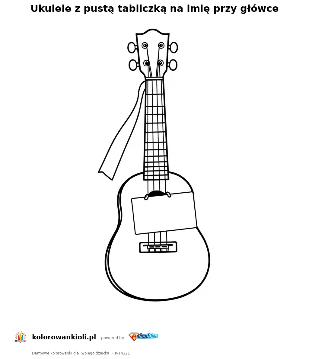 Ukulele z pustą tabliczką na imię przy główce — kolorowanka do wydruku dla dzieci