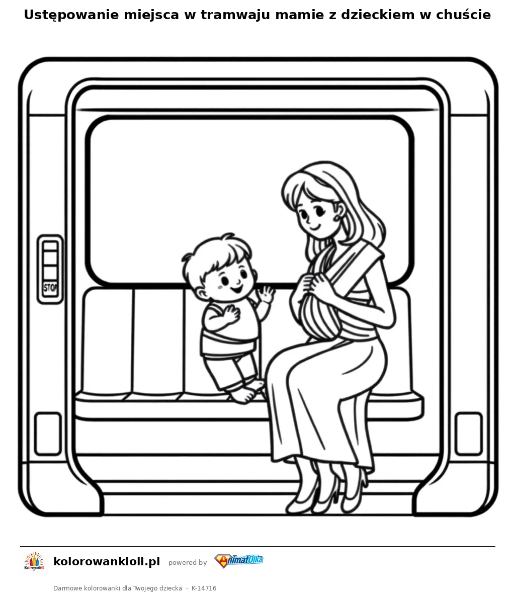 Ustępowanie miejsca w tramwaju mamie z dzieckiem w chuście — kolorowanka do wydruku dla dzieci
