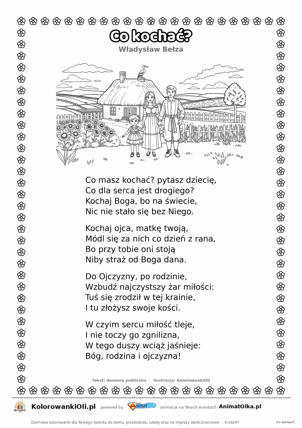 Co kochać? (Władysław Bełza) — tekst wiersza i ilustracja do kolorowania, karta A4 do druku