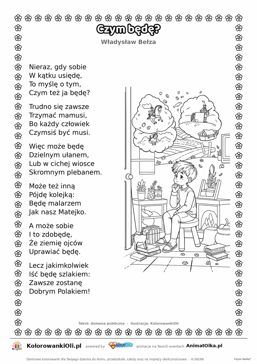 Czym będę? (Władysław Bełza) — tekst wiersza i ilustracja do kolorowania, karta A4 do druku