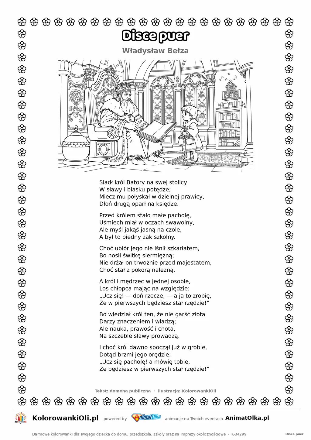 Disce puer (Władysław Bełza) — tekst wiersza i ilustracja do kolorowania, karta A4 do druku