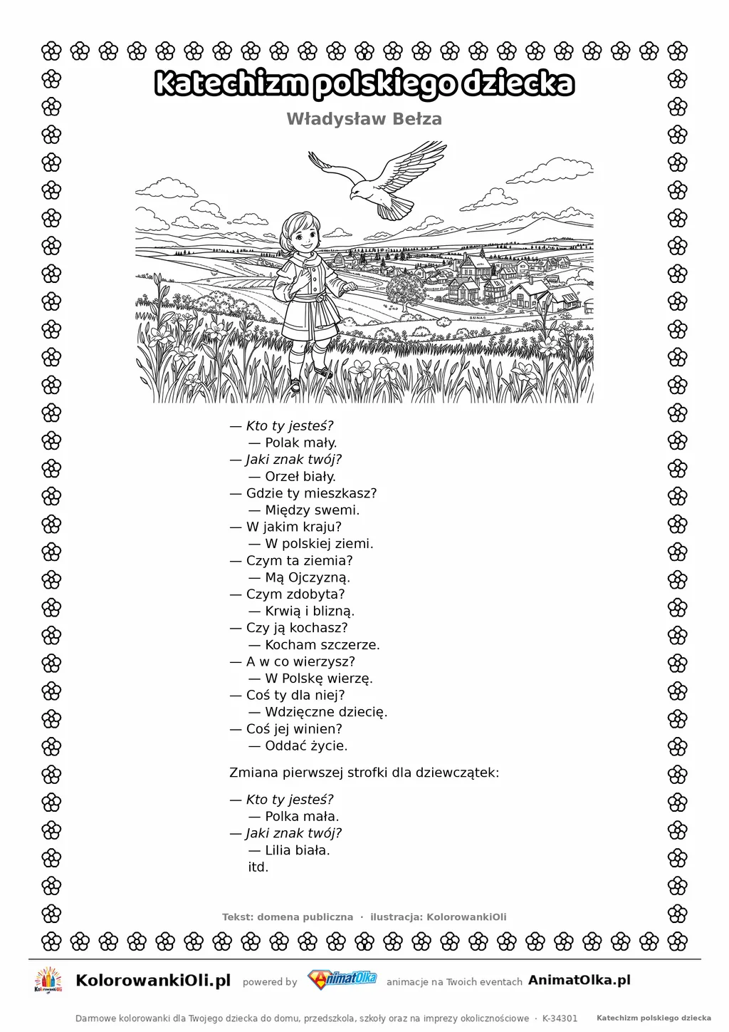 Katechizm polskiego dziecka (Władysław Bełza) — tekst wiersza i ilustracja do kolorowania, karta A4 do druku