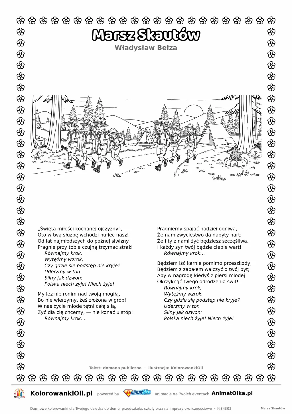 Marsz Skautów (Władysław Bełza) — tekst wiersza i ilustracja do kolorowania, karta A4 do druku