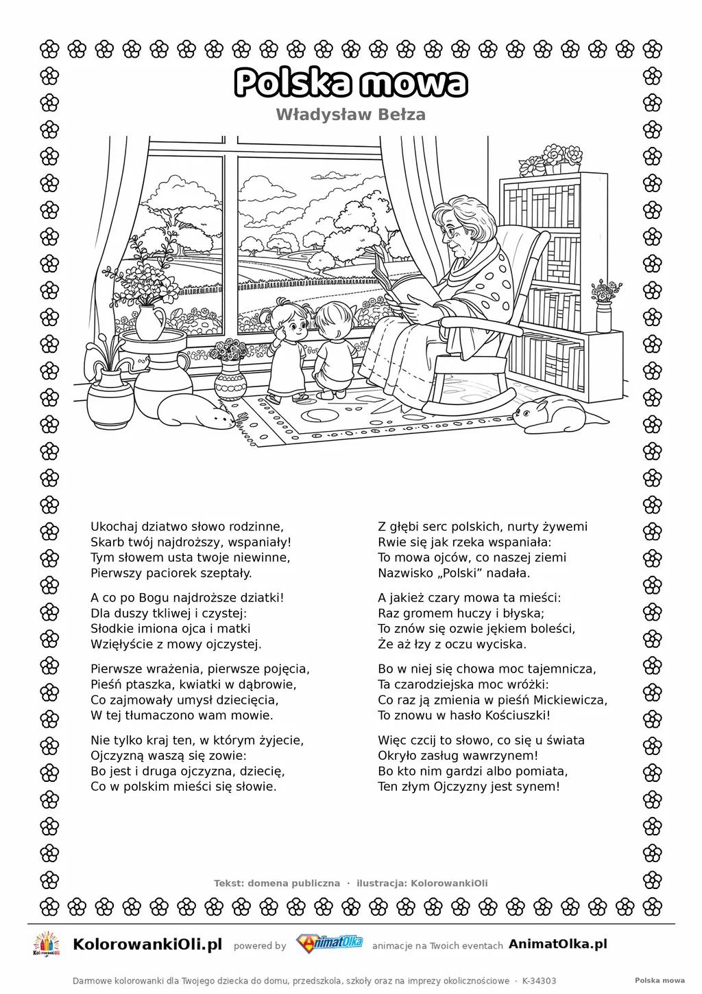Polska mowa (Władysław Bełza) — tekst wiersza i ilustracja do kolorowania, karta A4 do druku