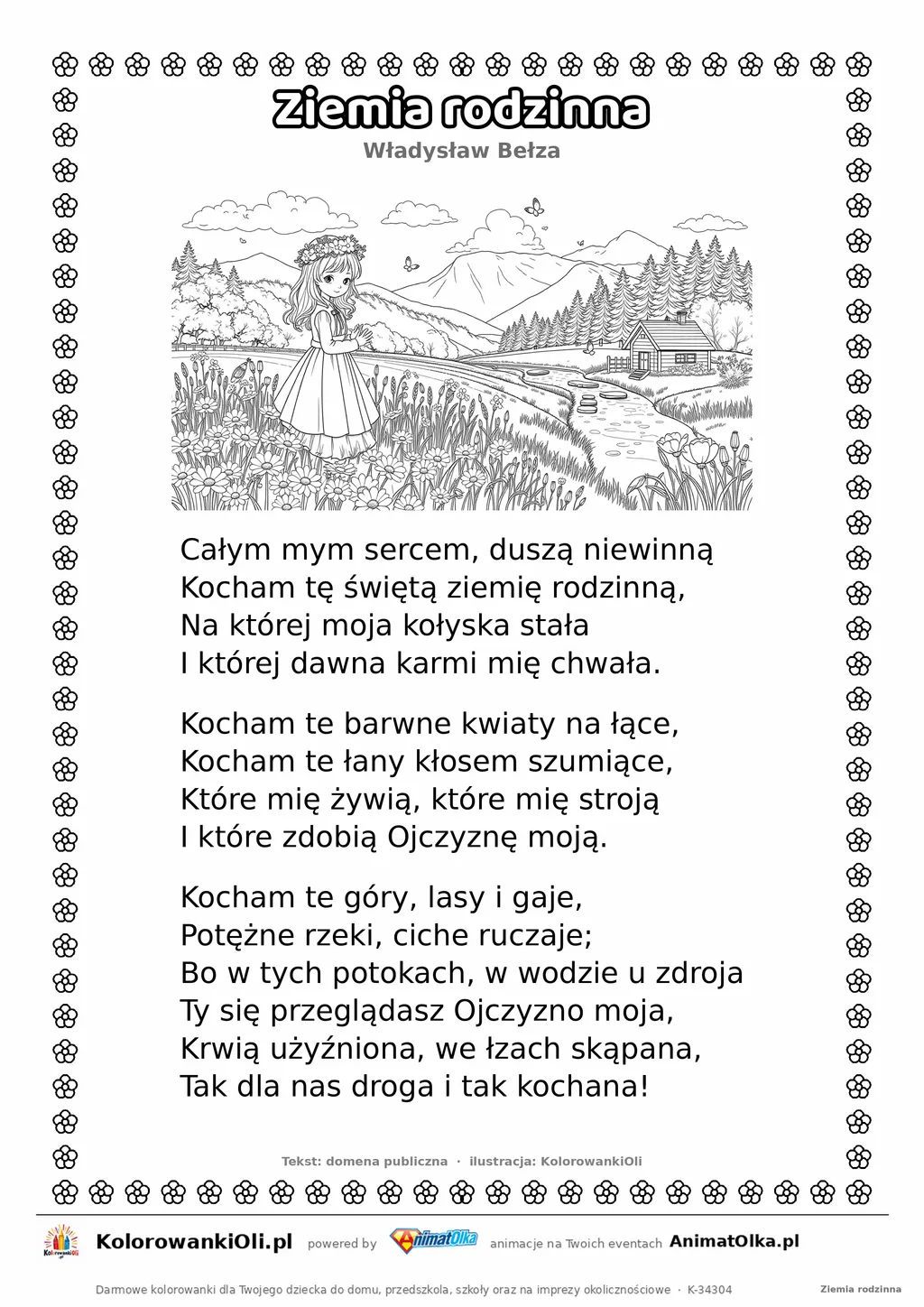 Ziemia rodzinna (Władysław Bełza) — tekst wiersza i ilustracja do kolorowania, karta A4 do druku