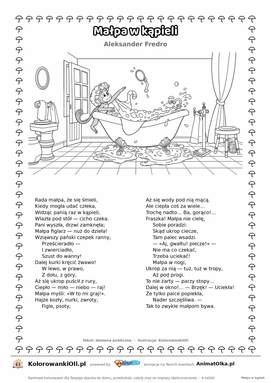 Małpa w kąpieli (Aleksander Fredro) — tekst wiersza i ilustracja do kolorowania, karta A4 do druku