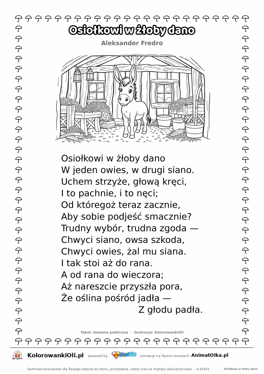 Osiołkowi w żłoby dano (Aleksander Fredro) — tekst wiersza i ilustracja do kolorowania, karta A4 do druku