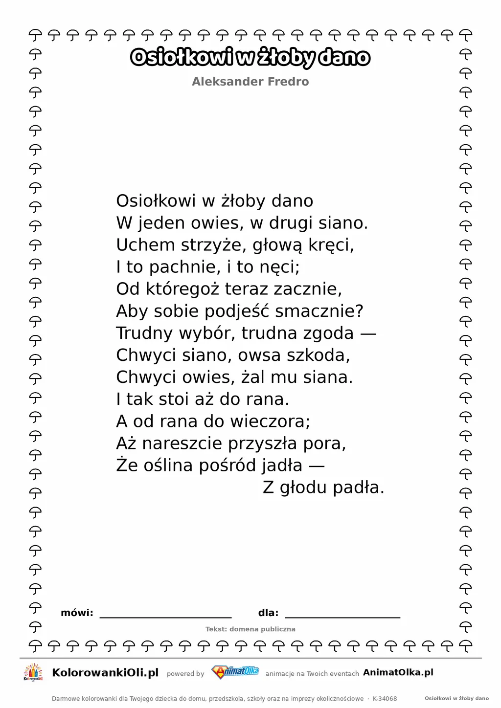 Osiołkowi w żłoby dano (Aleksander Fredro) — tekst wiersza do druku A4 z ramką do pokolorowania