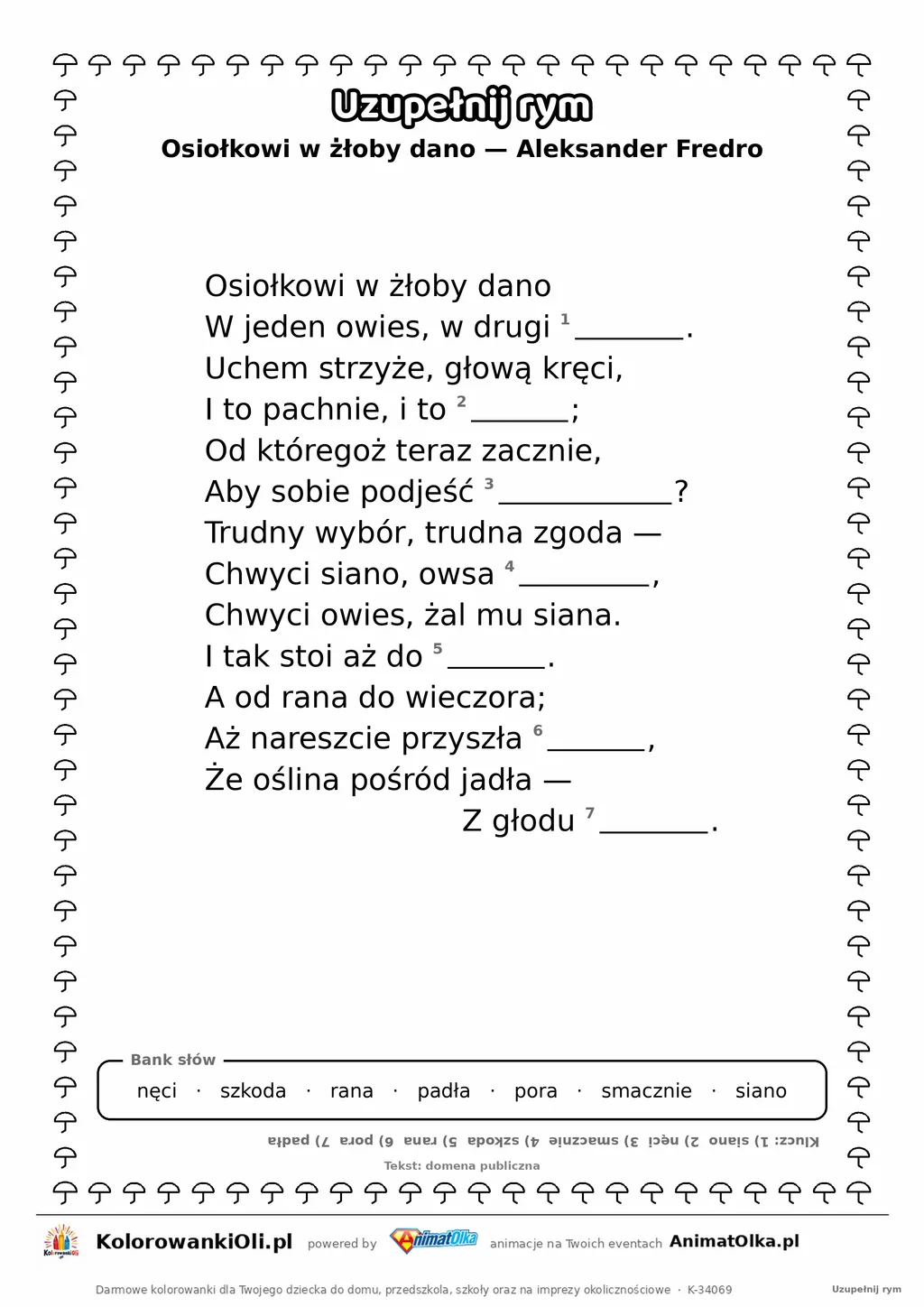Uzupełnij rym — Osiołkowi w żłoby dano (Aleksander Fredro): karta pracy z lukami w rymach, A4