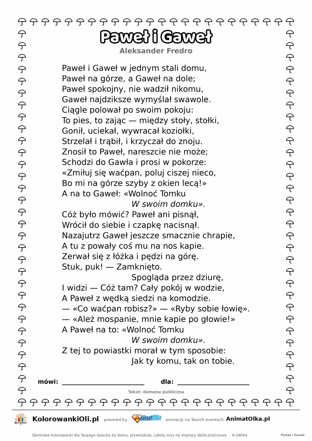 Paweł i Gaweł (Aleksander Fredro) — tekst wiersza do druku A4 z ramką do pokolorowania