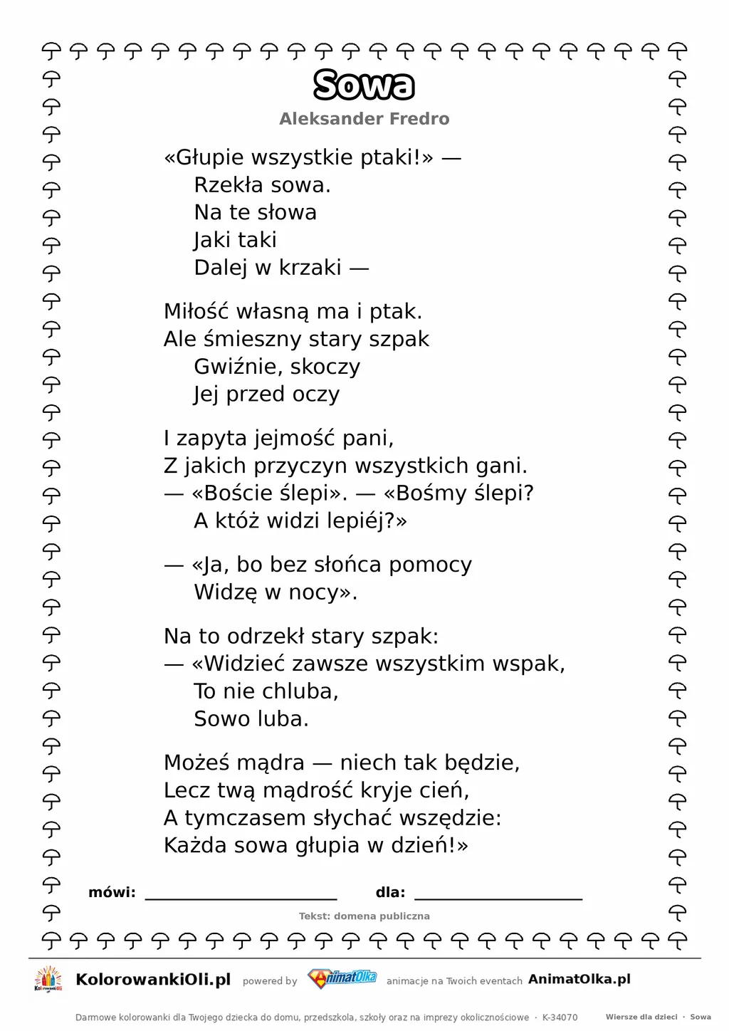 Sowa (Aleksander Fredro) — tekst wiersza do druku A4 z ramką do pokolorowania