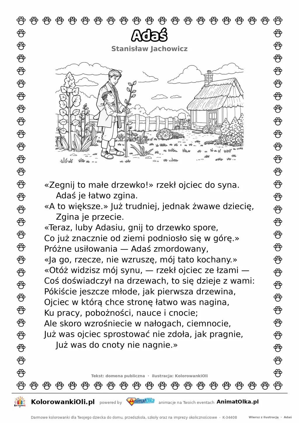 Adaś (Stanisław Jachowicz) — tekst wiersza i ilustracja do kolorowania, karta A4 do druku