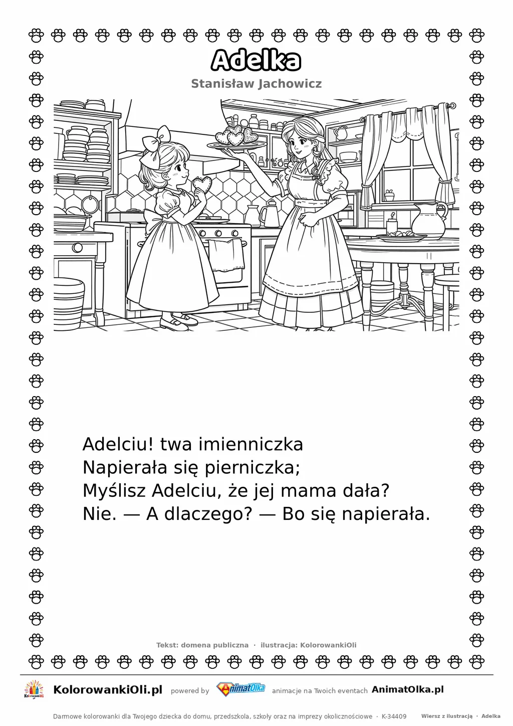 Adelka (Stanisław Jachowicz) — tekst wiersza i ilustracja do kolorowania, karta A4 do druku