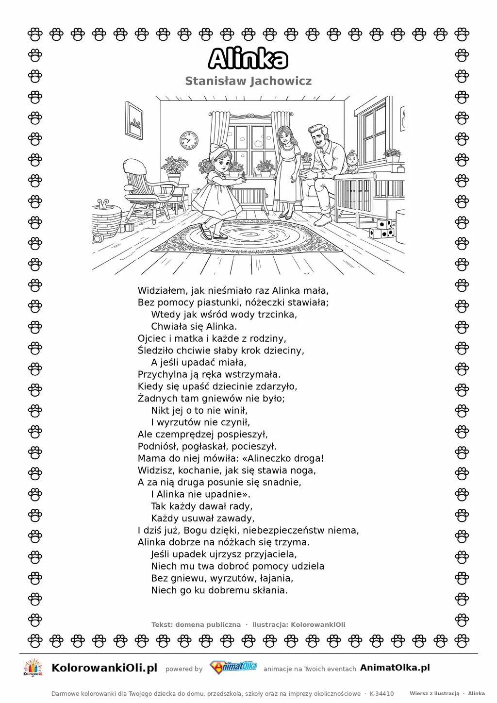 Alinka (Stanisław Jachowicz) — tekst wiersza i ilustracja do kolorowania, karta A4 do druku