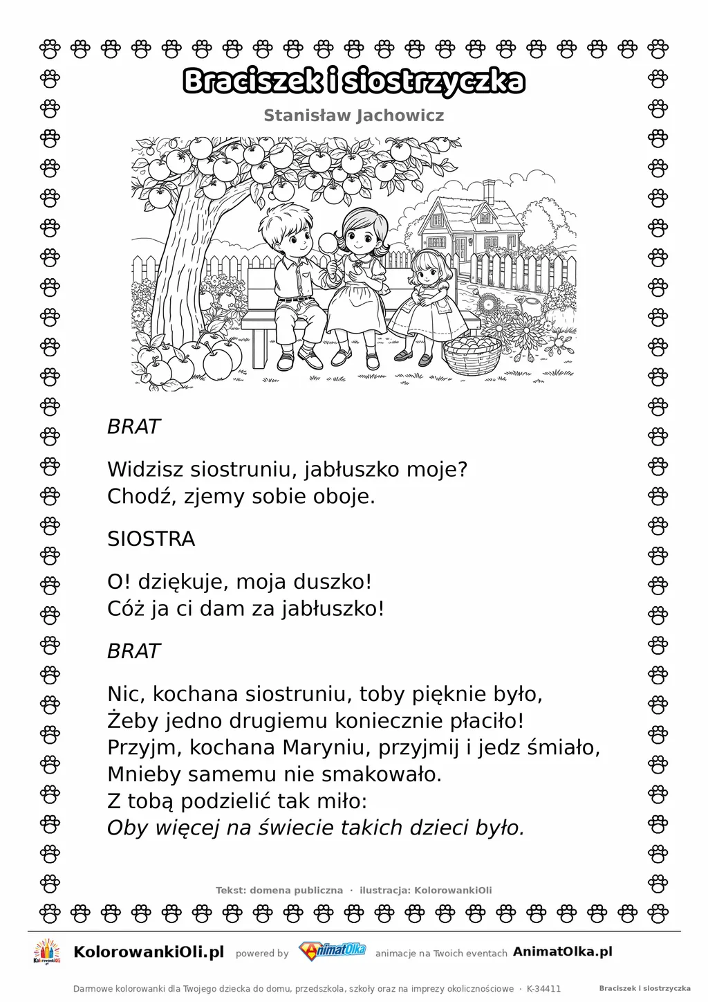 Braciszek i siostrzyczka (Stanisław Jachowicz) — tekst wiersza i ilustracja do kolorowania, karta A4 do druku