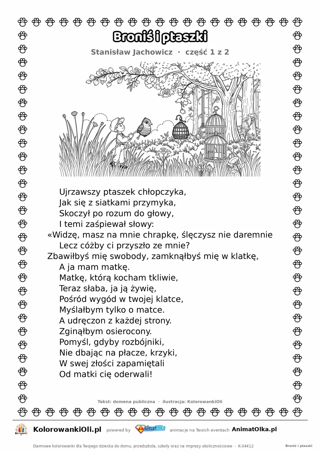 Broniś i ptaszki (Stanisław Jachowicz) — tekst wiersza i ilustracja do kolorowania (część 1 z 2), karta A4 do druku