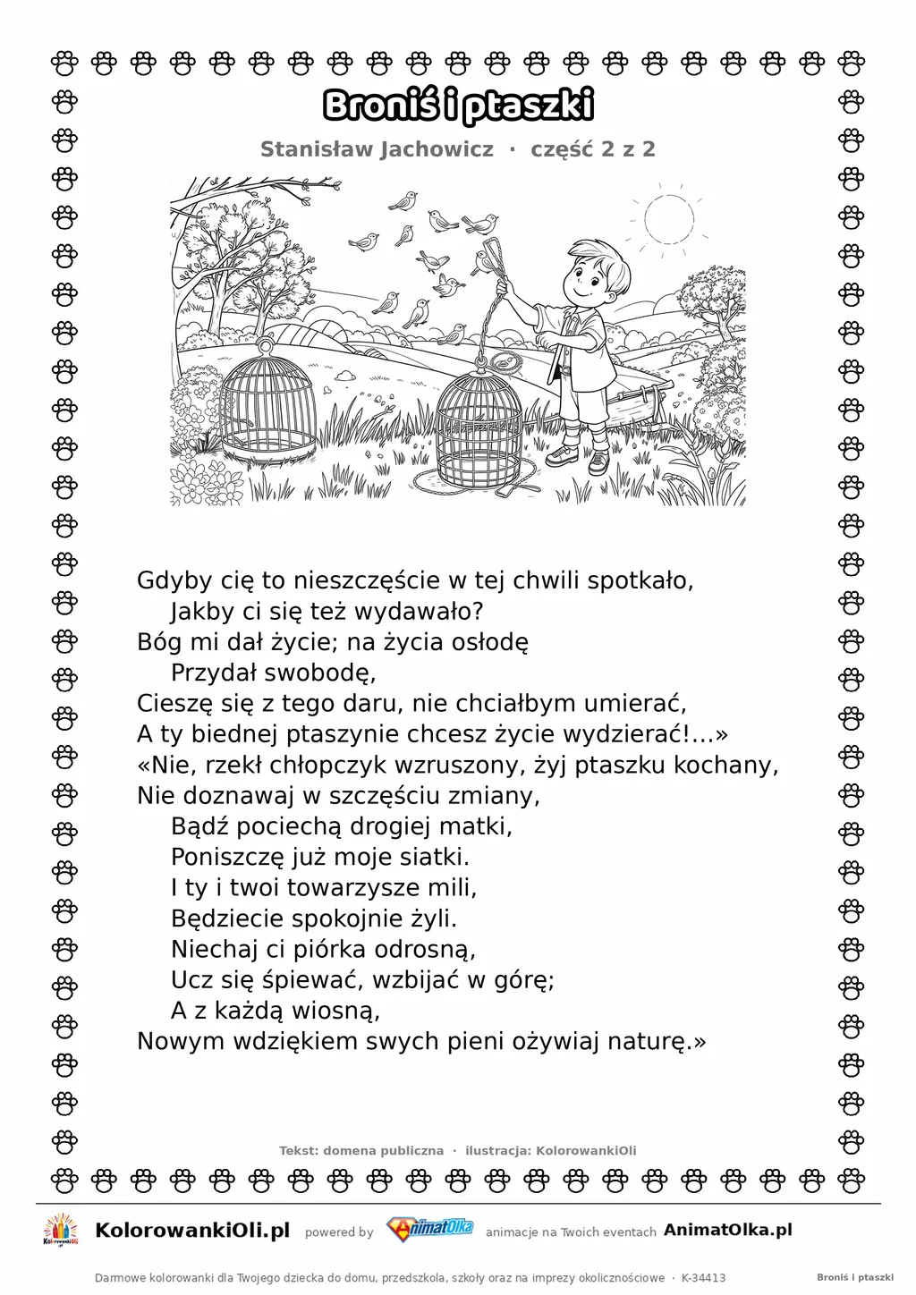 Broniś i ptaszki (Stanisław Jachowicz) — tekst wiersza i ilustracja do kolorowania (część 2 z 2), karta A4 do druku