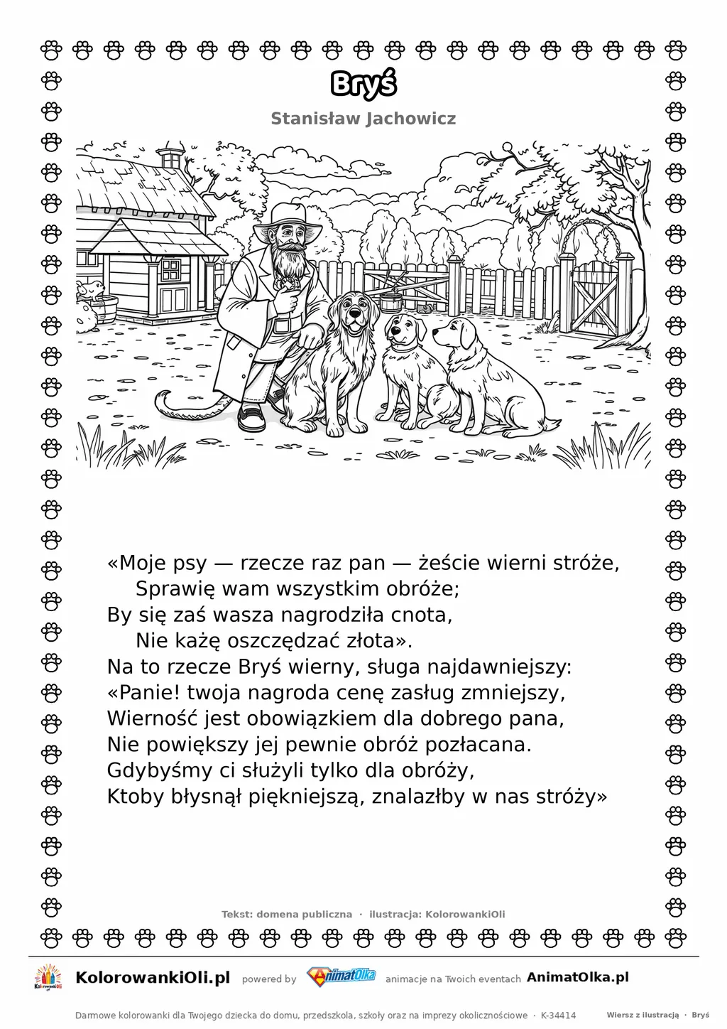 Bryś (Stanisław Jachowicz) — tekst wiersza i ilustracja do kolorowania, karta A4 do druku