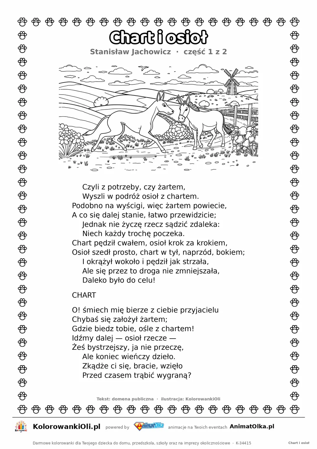 Chart i osioł (Stanisław Jachowicz) — tekst wiersza i ilustracja do kolorowania (część 1 z 2), karta A4 do druku