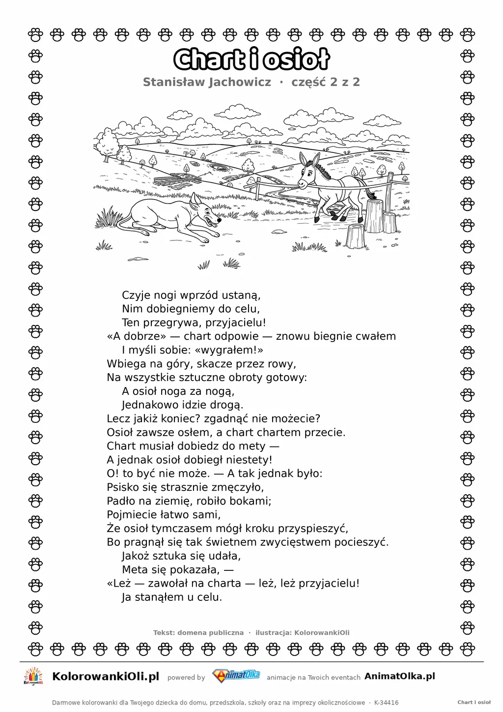 Chart i osioł (Stanisław Jachowicz) — tekst wiersza i ilustracja do kolorowania (część 2 z 2), karta A4 do druku