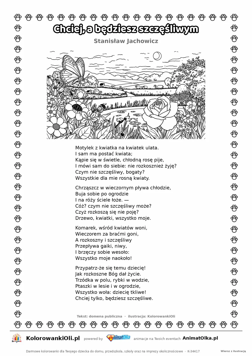 Chciej, a będziesz szczęśliwym (Stanisław Jachowicz) — tekst wiersza i ilustracja do kolorowania, karta A4 do druku