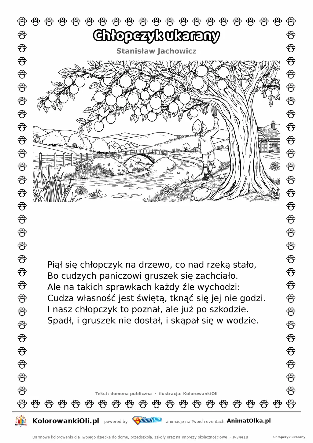 Chłopczyk ukarany (Stanisław Jachowicz) — tekst wiersza i ilustracja do kolorowania, karta A4 do druku