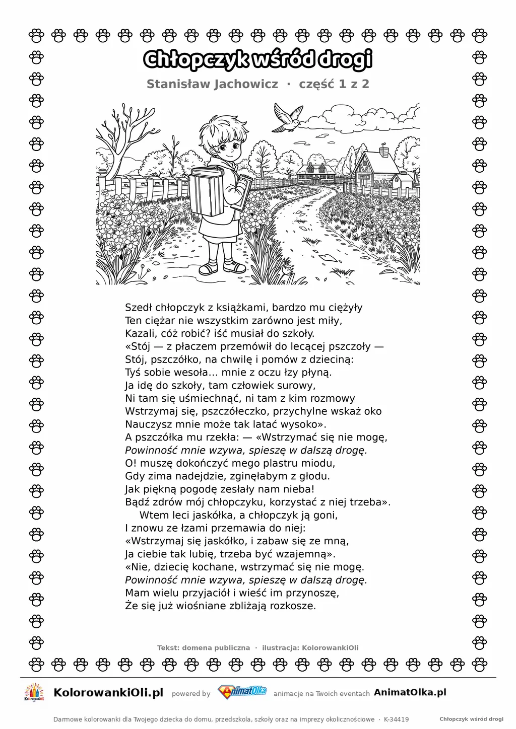 Chłopczyk wśród drogi (Stanisław Jachowicz) — tekst wiersza i ilustracja do kolorowania (część 1 z 2), karta A4 do druku